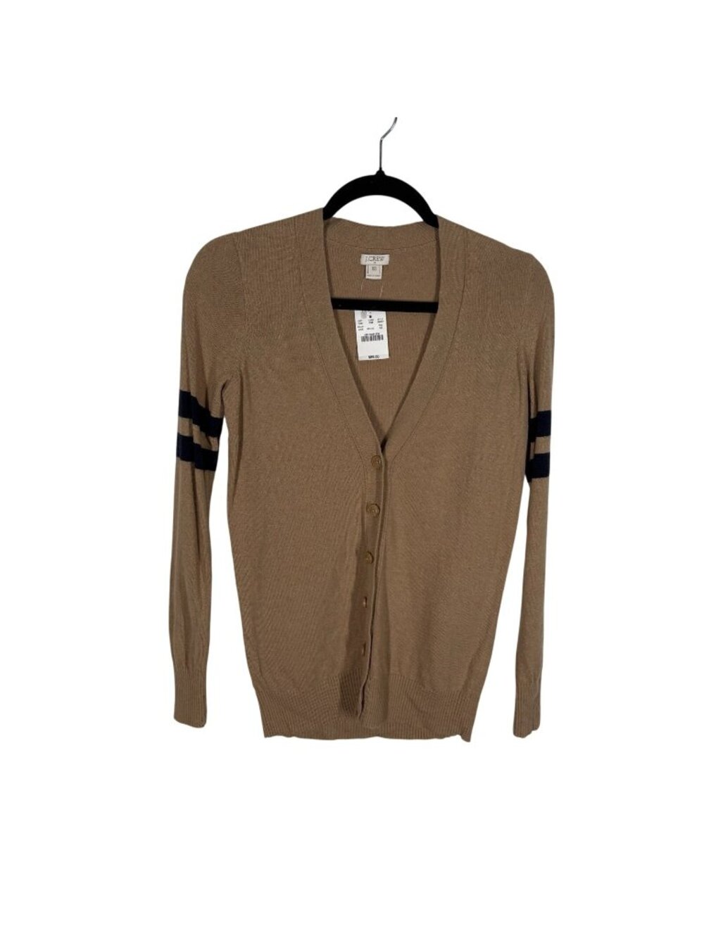 J.Crew Factory Women XS Camel Navy Merino Wool Blend Preppy Varsity Cardigan NWT - Picture 2 of 11